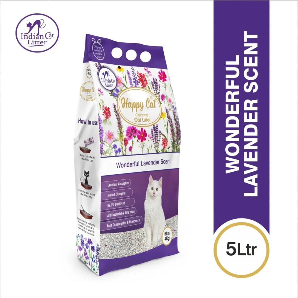 Happy Cat Bentonite Dust Free Clumping Cat Litter - Wonderful Lavender Scent - 5L