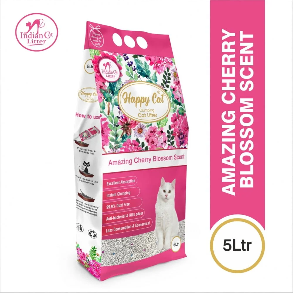 Happy Cat Bentonite Dust Free Clumping Cat Litter - Amazing Cherry Blossom Scent - 5L