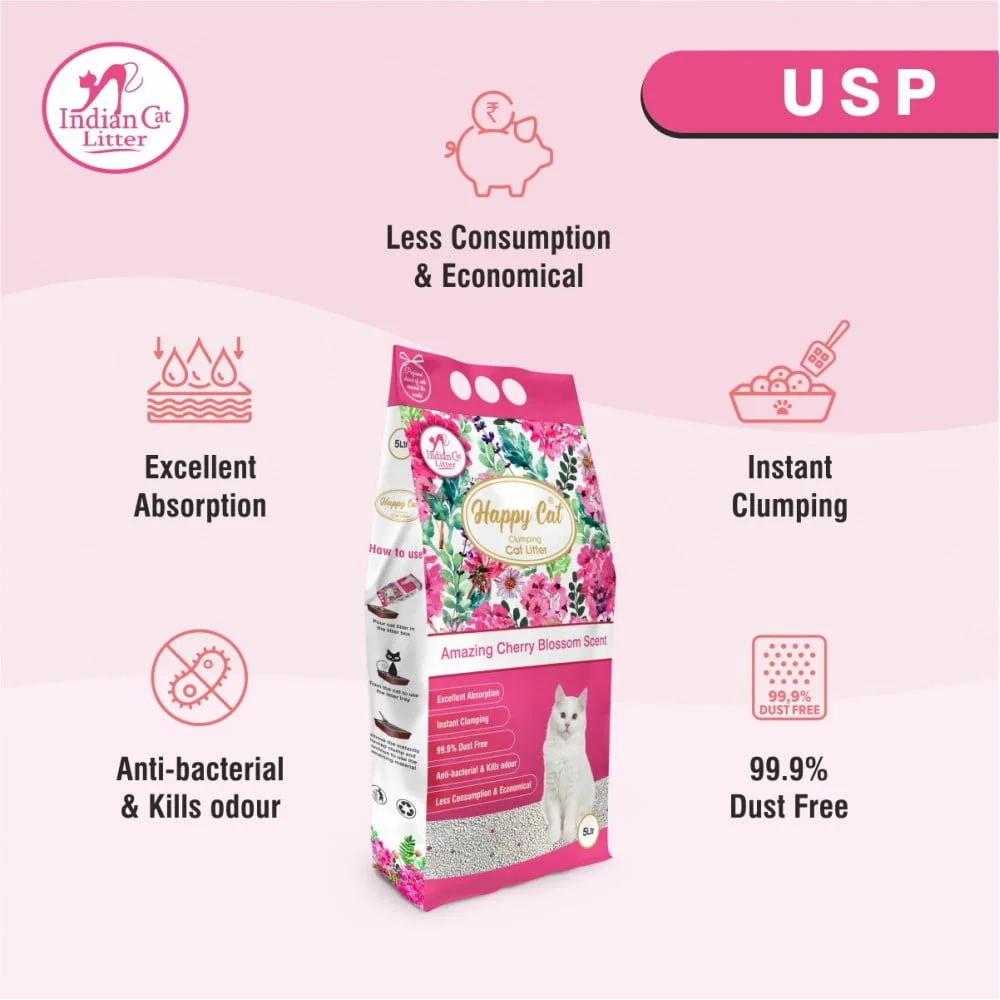 Happy Cat Bentonite Dust Free Clumping Cat Litter - Amazing Cherry Blossom Scent - 5L