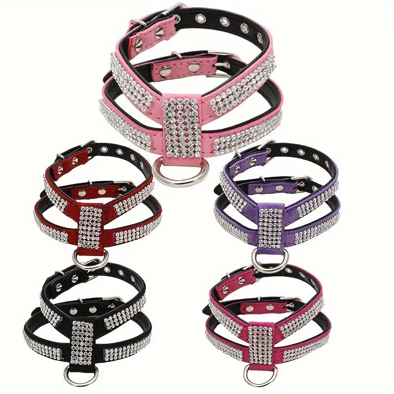 Full Shining Leather Pet Dog Harness, Dogs Rhinestone Chest Harness, For Puppy Small Medium Dogs-PINK